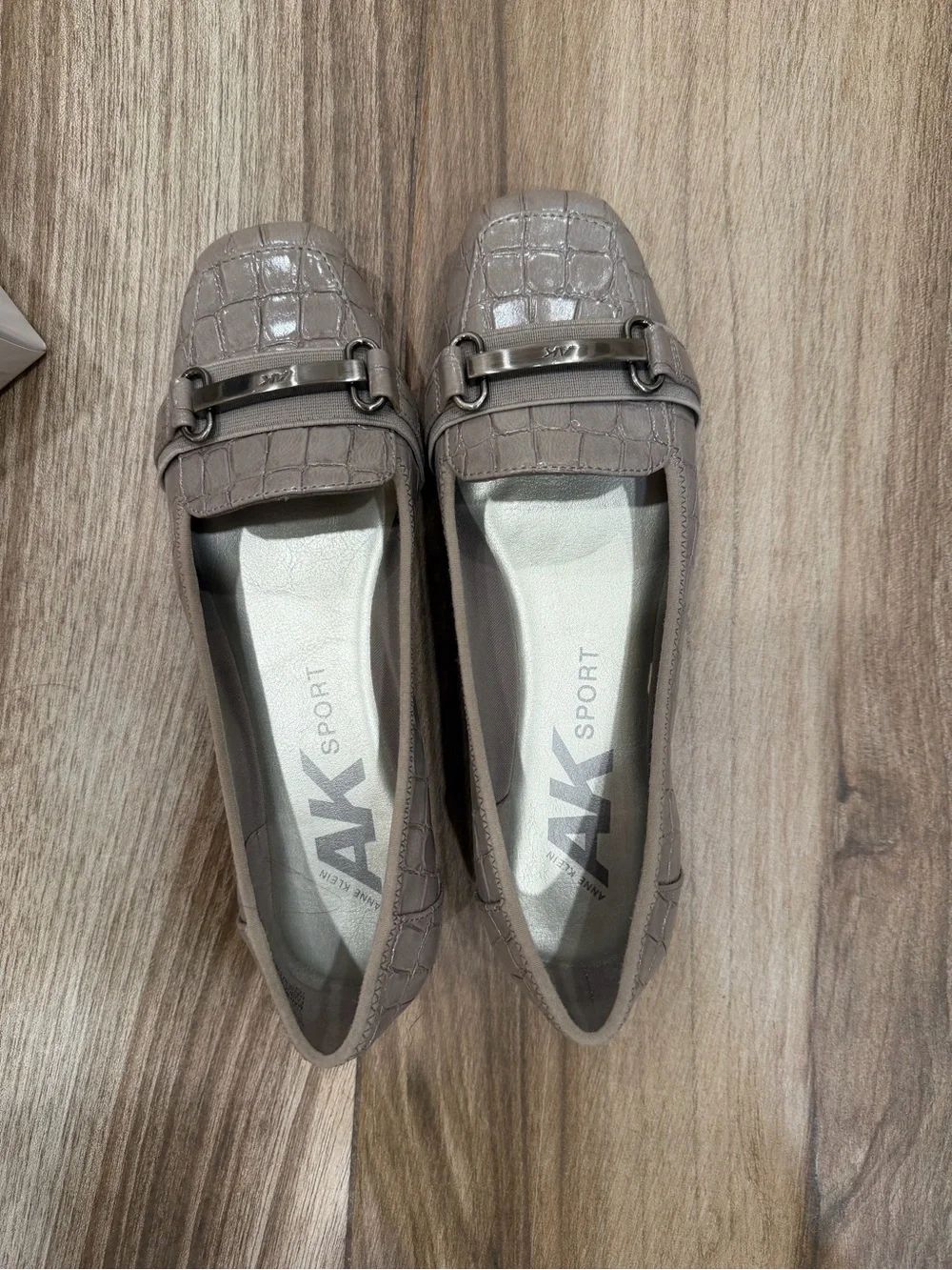 Anne Klein Sport Taupe Croc-Embossed Slip-On Loafers with Metal Bit